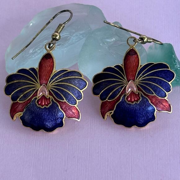 VINTAGE Cloisonné Enamel Floral Dangle Earrings - Picture 1 of 5
